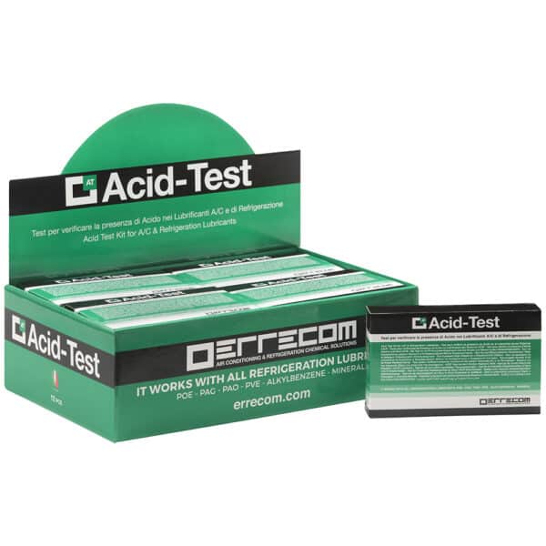 Errecom ER-RK1349 Acid Test kit, showing vials with color indicators for detecting acid contamination in refrigerant and oil samples, essential for HVAC/R system maintenance.