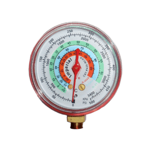 Imperial 420-RCKP Dial Gauge, a 68mm manifold gauge specifically designed for R134a refrigerant, featuring clear markings and a durable construction for HVAC/R system pressure readings.
