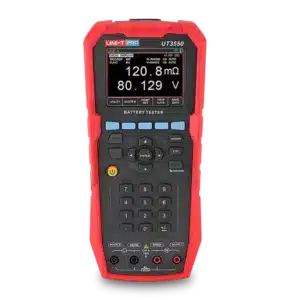 A close-up of the Uni-T UT3550 Battery Tester, a handheld device with a large color display and various buttons for testing battery health and performance.